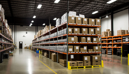 Warehouse, rows of metal shelving units stretch from floor to ceiling, Generative AI