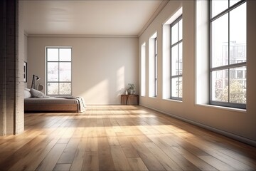 an empty room with natural lighting and wooden flooring. Generative AI