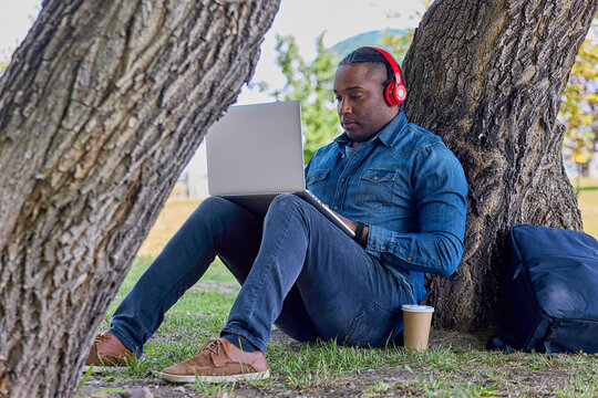 An artist graphic designer works on a client's logo design in a park sitting with a laptop on the grass. Young black designer processes the processing of photos in the fresh air
