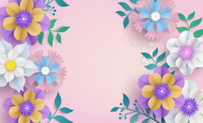 flower paper cut in vector art design with realistic shadows in pastel color tone . Frame or space for add the text label used for a magazine, web, signboard in shopping mall and the other.