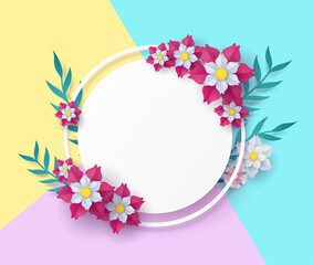 flower paper cut in vector art design with realistic shadows in pastel color tone . Frame or space for add the text label used for a magazine, web, signboard in shopping mall and the other.
