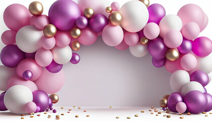 Pink and Purple balloon garland on plain white background, Generative AI