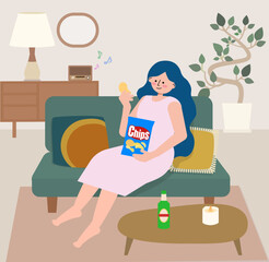 ソファの上でビールのつまみにポテトチップスを食べている女性のイラスト