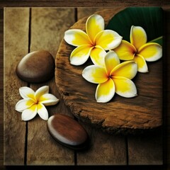 Fototapeta na wymiar Spa stones with frangipani on wooden board Generative AI