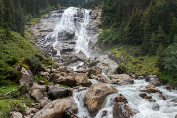 The Grawa waterfall on the Sulzaubach river, a tributary of the Ruetz river, in the Stubai Alps, Austria.