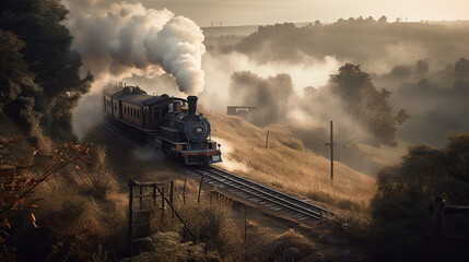 Obraz na płótnie Canvas Steam locomotive on the railway in the foggy morning at sunset, Generative AI