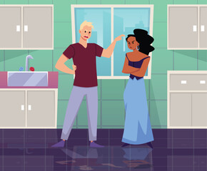 Man makes claim and yells at his couple or wife, flat vector illustration.