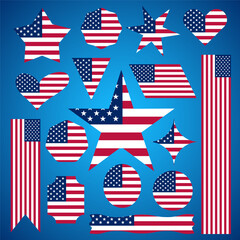 US memorial day, Patriot proud label, American flag and national symbols, United States of America patriotic emblems vector set. National independence day 4th july badges