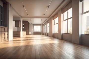 Fototapeta na wymiar an empty room with wooden floors and large windows. Generative AI