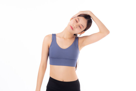 Beautiful young asian woman stretching neck with hands for exercise yoga and relax isolated on white background, female and workout for therapy and office syndrome, sport and health care concept.