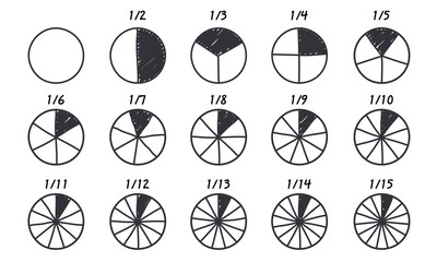 Circles divided into parts from 1 to 15. Doodle outline round chart for infographic, pie portion or pizza slice. Wheel division into fractions, circular shape sectors on white, hand drawn illustration