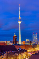 The famous TV Tower in downtown Berlin at night