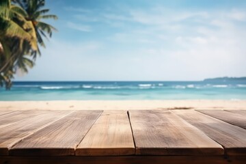 Fototapeta premium wooden table with a serene beach landscape in the background. Generative AI
