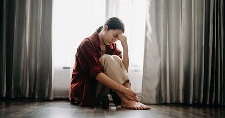 woman sit Depression Dark haired  pensive glance Standing by window and anxiety Copy space. ..
