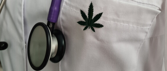 Doctor stethoscope with cannabis sign in pocket