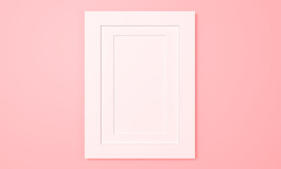 White frame 3d rendering. illustration Modern picture frame concept, Empty white border image frame space for your text on pink background, Mock-up poster frame on wall minimal. pastel pink color