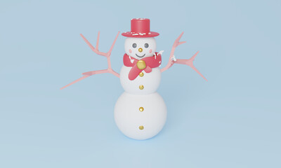 Christmas pastel Scene With Snowman Cute characters. 3d Rendering illustration. snow winter season in holiday festival