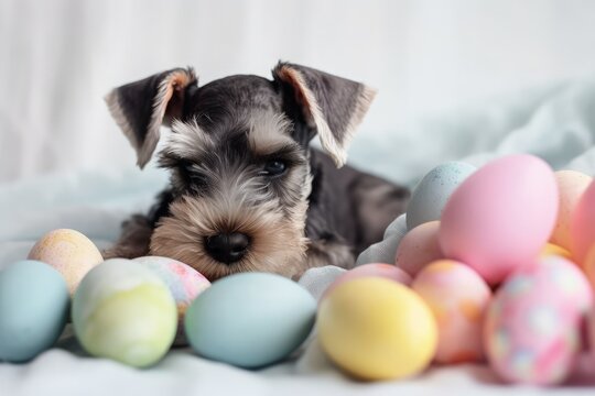 Cute Dog Resting Beside a Stack of Colorful Eggs. Generative AI