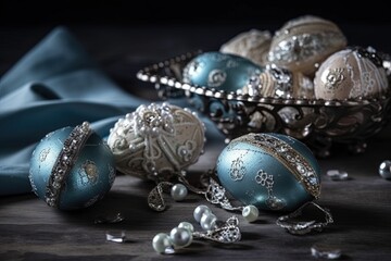 Naklejka premium festive table with various holiday decorations and ornaments. Generative AI