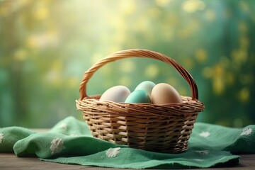 Fototapeta na wymiar basket filled with eggs on a table. Generative AI