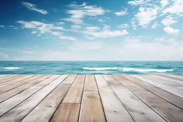 wooden deck overlooking the vast ocean. Generative AI