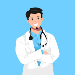 Fototapeta premium male handsome doctor flat character portrait. half body. wearing a stethoscope around the neck, lab coat. blue background. flat vector illustration.