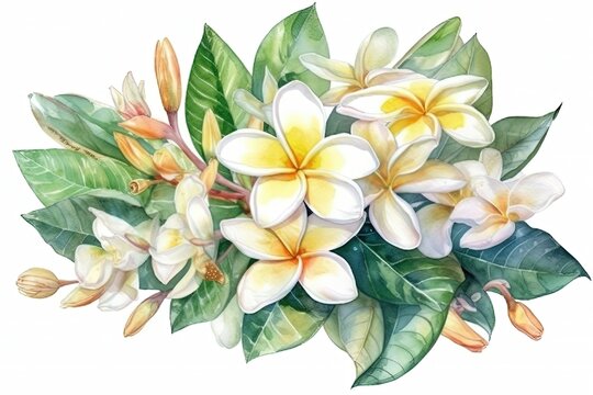 colorful bouquet of flowers with lush green leaves on a white background. Generative AI