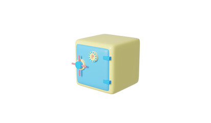 PNG blue-yellow safe box isolated on yellow pastel background. 3D rendering illustration. Safe door bank vault with a combination lock on cylinder. Reliable Data Protection. Minimalism concept.