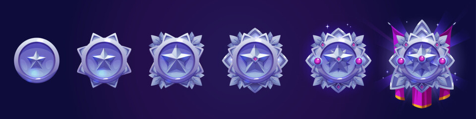 Set of military game progress badges isolated on background. Vector cartoon illustration of purple army medal decorated with star, gemstone, wings and silk royalpennant. Gui design element © klyaksun