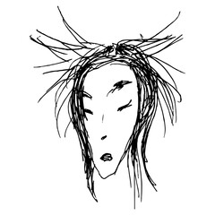Human head with disheveled hair. Hand drawn sketch. Black and white silhouette.