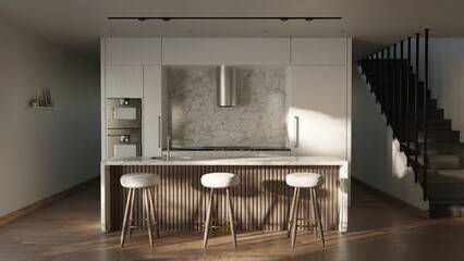 Modern spacious white kitchen, minimalism, home kitchen interior