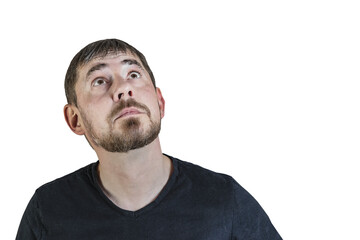 Obraz premium Portrait of an attractive bearded man of European appearance, with a slight gray hair, on an isolated white background. Holds a hand on the head. Expression of emotions of a man.