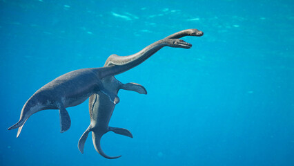 Elasmosaurus, majestic long-necked plesiosaur couple swimming in the Cretaceous ocean, 3d science illustration