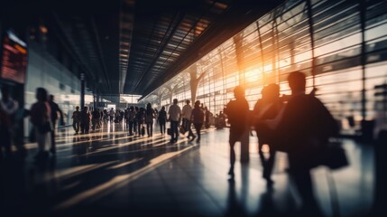 Fototapeta na wymiar Abstract airport interior blur with travellers. Generative AI