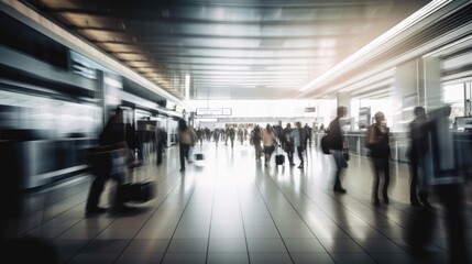 Abstract airport interior blur with travellers. Generative AI