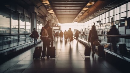 Abstract airport interior blur with travellers. Generative AI
