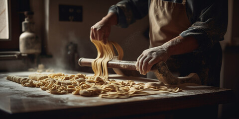 Handmade fresh pasta making process. Generative AI - obrazy, fototapety, plakaty
