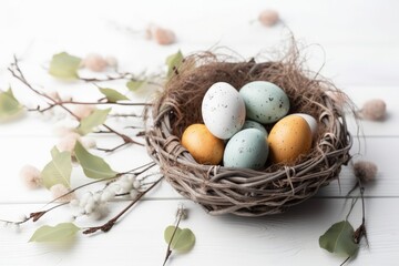 bird's nest with colorful eggs resting on a wooden surface. Generative AI