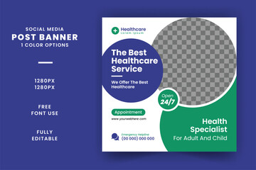 Professional medical healthcare service social media post template design. Clinic or hospital digital marketing flyer for the web. Creative health business promotion banner for doctor	