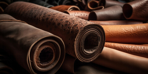 Leather rolls background hand made concept factory or manufacturing Generative AI