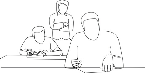 One line drawing of male teacher oversees the exam. School education activity concept. Continuous line draw design graphic vector illustration.