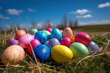 Fototapeta na wymiar vibrant collection of Easter eggs nestled in lush green grass. Generative AI