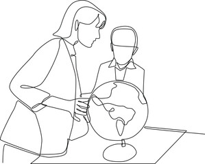 One line drawing of female teacher, teach her student about Earth properties. School education activity concept. Continuous line draw design graphic vector illustration.