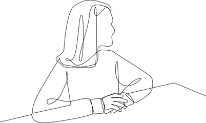 One line drawing of female student, pay attention to her teacher when explaining. School education activity concept. Continuous line draw design graphic vector illustration.