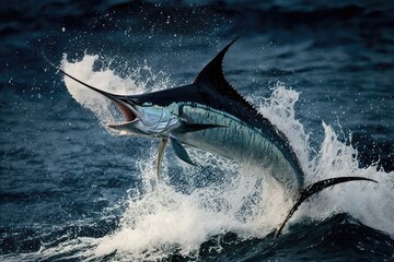 marlin leaping out of the water with its bill open in full attack, created with generative ai