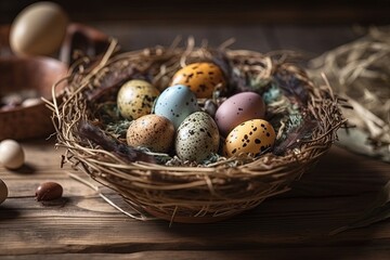 Naklejka na ściany i meble bird's nest with eggs on a wooden table. Generative AI