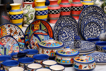 Multicolored Household ceramic items in the Street Market in India.