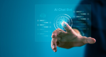 Businessman is communicating with AI chatbot, using command prompt to generate a response