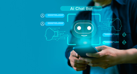 Businessman is interacting with AI chatbot, using command prompt to generate a unique response