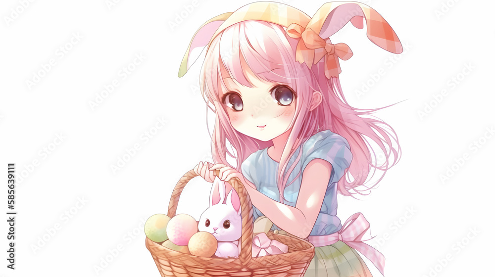 Wall mural anime girl with rabbit, basket and eggs colored eggs